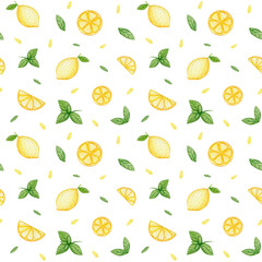Watercolor seamless lemon pattern. Cute hand drawn with fruits.