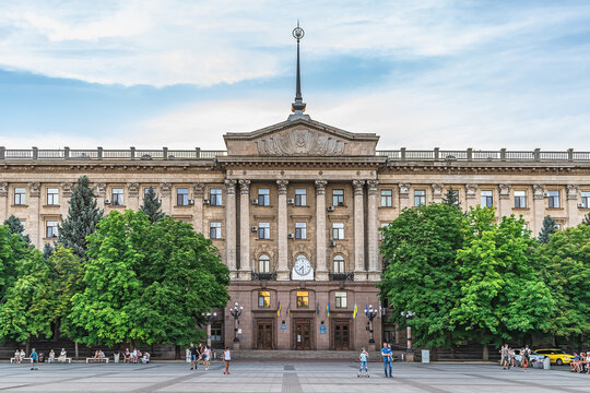 Mykolaiv, Ukraine - July 25, 2020: The building of the Mykolaiv City Council, close-up. Beautiful ancient architecture in Ukrainian town on a summer evening