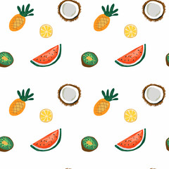 seamless pattern with tropical fruits, lemon, pineapple, kiwi, watermelon and coconut, bright fruit summer background, hand-drawn