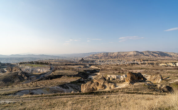 A Beautiful view of the valley in Cappadocia with mountain peaks in the summer day