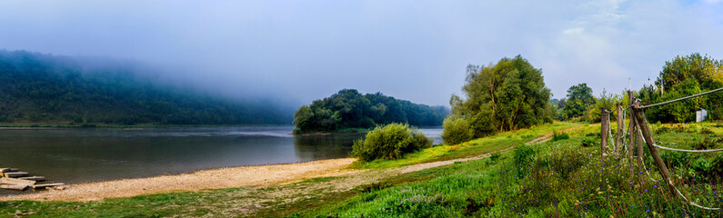 Fototapeta na wymiar a foggy morning on Dnister river, National Nature Park Dnister Canyon, Ukraine