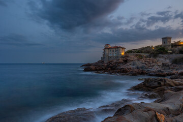 Beautiful sunrise on Catestle Boccale in warm summer day, Livorno, Tuscany