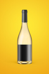 A clear bottle of white wine isolated on a yellow background for mockup presentation projects.