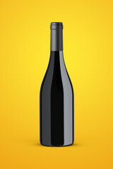 A red wine bottle isolated on a yellow background for mockup presentation projects.