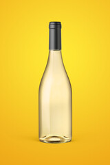 A clear bottle of white wine isolated on a yellow background for mockup presentation projects.