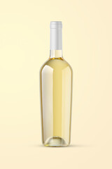 A clear bottle of white wine isolated on a yellow background for mockup presentation projects.