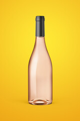 A clear bottle of rose wine isolated on a yellow background for mockup presentation projects.