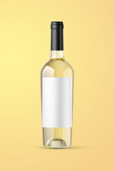 A clear bottle of white wine isolated on a yellow background for mockup presentation projects.