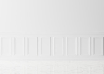 Empty room, white wall with moldings and marble floor. Only wall and floor. Mock up interior. Free, copy space for your furniture, picture and other objects. 3D rendering.