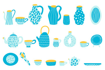 Ceramics, pottery kitchenware collection . Dishes, pot, cup, mug, spoon, plate, jug, bowl isolated on white. Hand drawn vector set. Flat design.