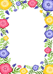 Border of different colorful flowers hand drawn style vector floral illustration isolated on white background. Backdrop for wallpaper, textile, fabric, wrapping