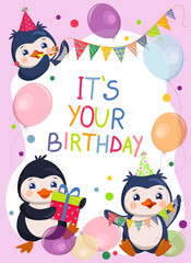 A bright vector birthday card with three drawn penguins with balloons, a pipe and gifts, in funny hats and handwritten wishes.