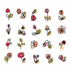 Flower doodle icons in line art style on white background. Beautiful simple illustration for decorative design.