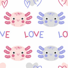 Hand drawn seamless pattern with axolotls faces and text LOVE. Perfect for T-shirt, textile and print. Doodle vector illustration for decor and design.