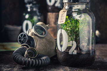 Bizarre oxygen mask as symbol of climate change.