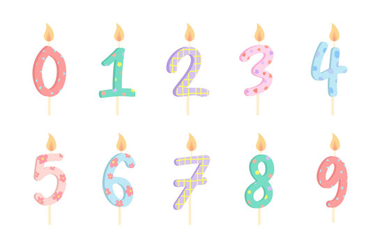 Wax candle numbers 0 to 9 for birthday decoration, birthday ornament decoration on white background, flat design of pastel birthday wax candle number vector, glowing fire candlelight for party cake.