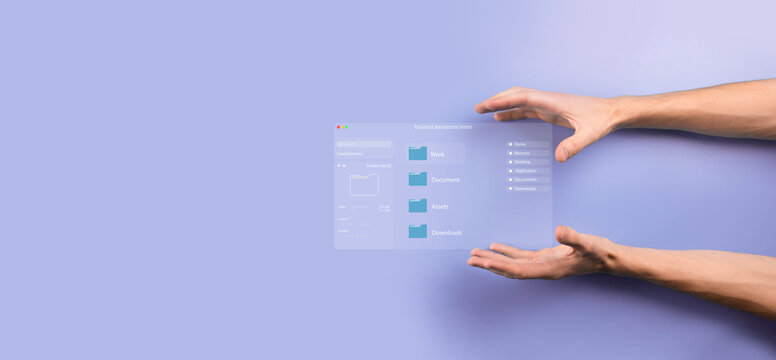 Document management concept. Virtual screen icons Document Management System DMS Online document database, software for efficient archiving, searching and management of company files and data.