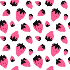 Cute seamless pattern with pink strawberries in hand drawn style. Fruit print for clothes, linens, curtains, wallpapers, cards or wrapping paper. Exotic background. Flat vector template