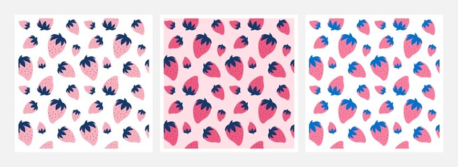 Set of cute seamless patterns with strawberries in hand drawn style. Fruit print for clothes, linens, curtains, wallpapers, cards or wrapping paper. Exotic backgrounds. Flat vector template