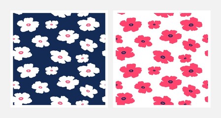 Fototapeta na wymiar Floral seamless patterns in flat design. Spring and summer texture. Hand drawn patterns with flowers for textiles, banners, wallpapers. Vector elements