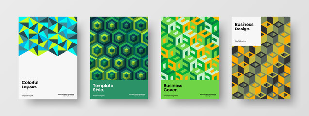 Clean geometric hexagons brochure layout composition. Creative booklet vector design concept set.