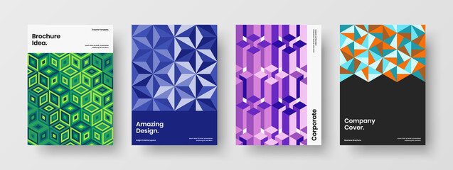 Trendy company brochure A4 vector design template set. Creative mosaic hexagons pamphlet layout collection.