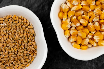 Top view of wheat and corn grain inside white bowls on black, stone surface. Scene lit with artificial, soft light.