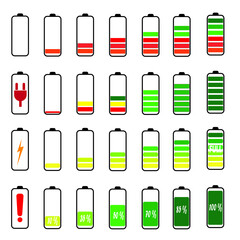 Set of battery icons for smartphone, computer. Color and black battery icon