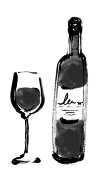 ワインのボトルとグラス　モノクロ　グレー