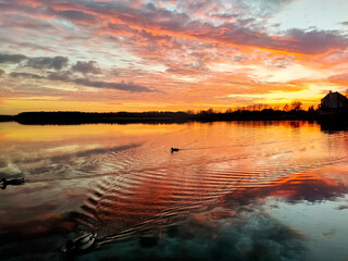 Kaczki na jeziorze o zachodzie słońca © Augustyn