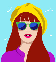 1280_Beautiful redhead woman wearing green sunglasses and yellow beret