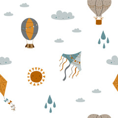 Air transport seamless pattern: hot air balloon and kite on a white background.