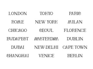 Obraz premium Typograph of city, town name in the world. American, Asia, Africa and Europe.