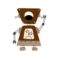 Cute happy funny cartoon baby robot character waving hand says hello. flat vector illustration isolated on white background.
