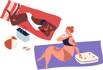 Young Women Sunbathing on Summer Beach Cartoon Illustration