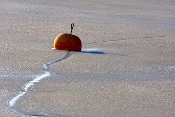 orange buoy on a frozen lake