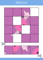 Puzzle for kids. Simple educational game. Cut and glue. Vector worksheet