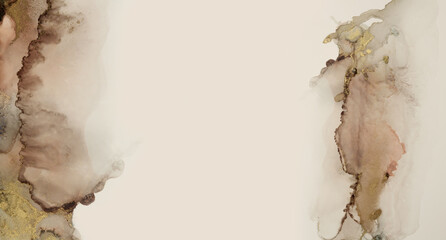 Art Abstract  watercolor flow blot painting. Gold, beige and brown Color canvas marble texture horizontal background. Alcohol ink.