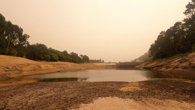 extreme drought at the Rio da Mula dam in Serra de Sintra, Portugal