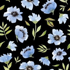 watercolor blue flowers. seamless pattern on a black background - 495095315