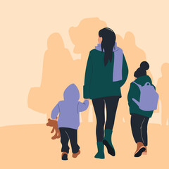 Refugees. People are being evacuated from the war zone. Woman with children. Vector image.