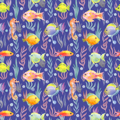 multicolored animals of ocean watercolor illustration. fishes, sea horse and seaweed. hand painted pattern on blue background