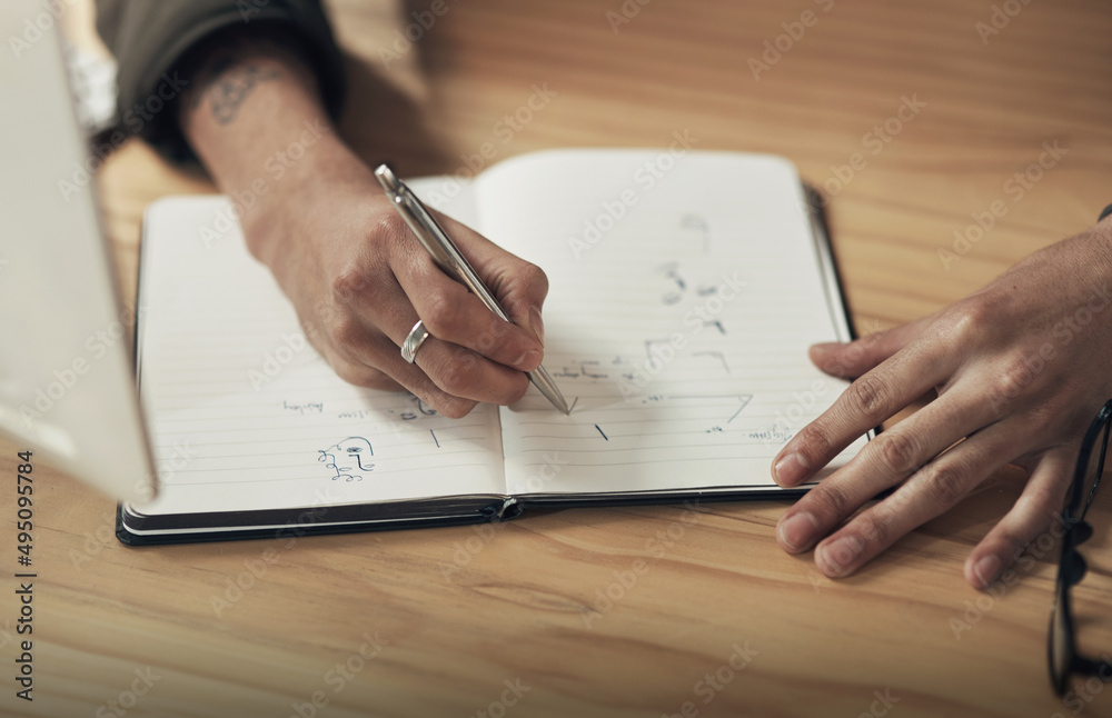 Poster Take not of how the pro does it. Shot of an unrecognisable businessman writing in a notebook during a late night at work.