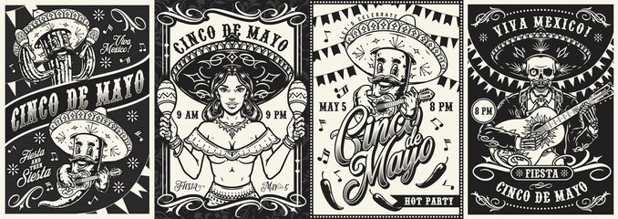 Cinco de Mayo posters set with musicians