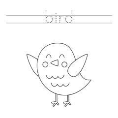 Trace the letters and color cute bird. Handwriting practice for kids.