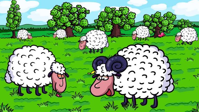 Six white sheep and one ram cartoon character grazing eating grass. Spring is coming animation. Happy butterflies start the season on the green meadow background. Good for titles intro. Seamless loop.