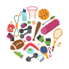 Fototapeta na wymiar Sports equipment set of elements. Balls for American football and volleyball, punching bag, gloves, tennis racket, dumbbells, kettlebell, mat. Vector fitness collection in the shape of a circle.