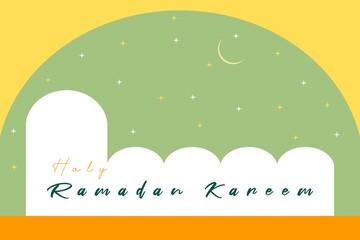 Holy Ramadan Kareem typography on mosque symbol vector illustration. Moon and Stars background conceptual vector design. Islamic Concept vector design.