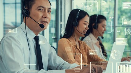 Customer support call center provide data in conceptual vision . Business and communication technology concept .
