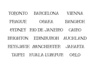 Typography of city, town name in the world. North-South America, Asia, Africa, Australia and Europe.